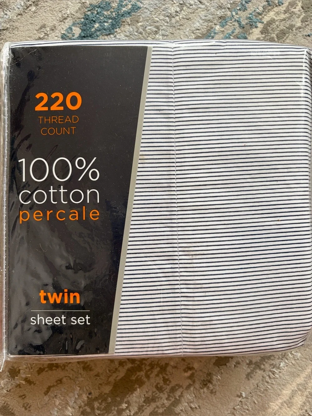 100% Cotton Percale Twin Sheet Set - White with Thin Black Stripes